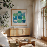 131 West 3rd Street Square III on White by Mike Schick. Shown in a natural wood frame in a cozy modern living room. Available as an archival giclee rolled canvas, fine art paper, or poster print. SKU 25706a.
