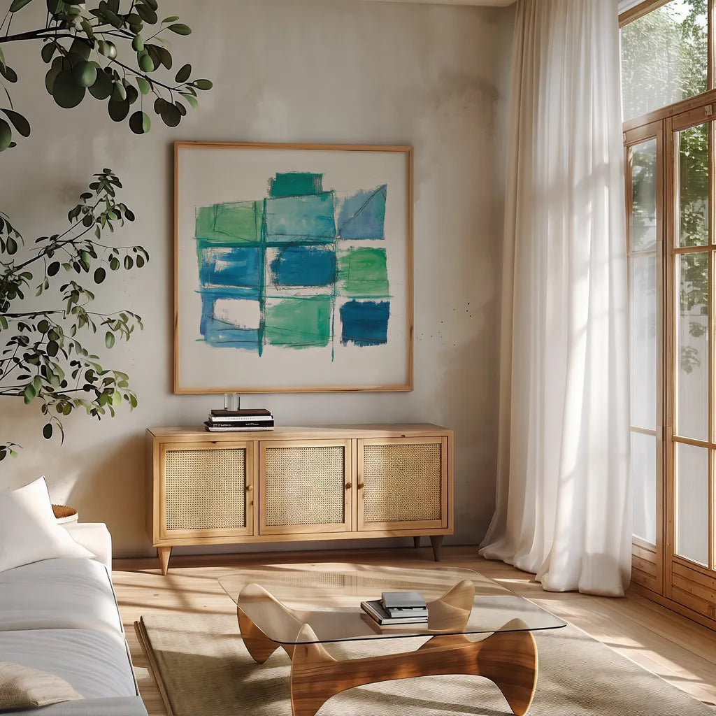 131 West 3rd Street Square III on White by Mike Schick. Shown in a natural wood frame in a cozy modern living room. Available as an archival giclee rolled canvas, fine art paper, or poster print. SKU 25706a.