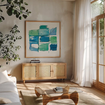 131 West 3rd Street Square III on White by Mike Schick. Shown in a natural wood frame in a cozy modern living room. Available as an archival giclee rolled canvas, fine art paper, or poster print. SKU 25706a.