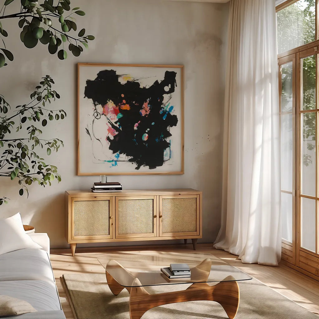 Abstract Redacted by Mike Schick. Shown in a natural wood frame in a cozy modern living room. Available as an archival giclee rolled canvas, fine art paper, or poster print. SKU 50545a.