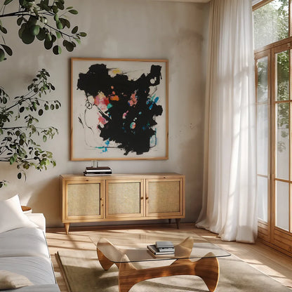 Abstract Redacted by Mike Schick. Shown in a natural wood frame in a cozy modern living room. Available as an archival giclee rolled canvas, fine art paper, or poster print. SKU 50545a.