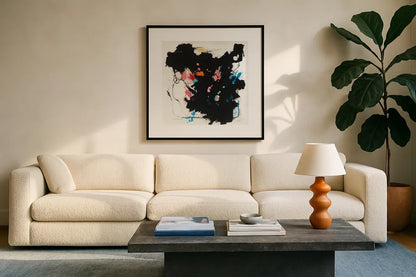 Abstract Redacted by Mike Schick. Displayed in a glass frame with matte in a clean modern living room. Available as an archival giclee rolled canvas, fine art paper, or poster print. SKU 50545a.