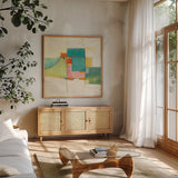 Aero by Mike Schick. Shown in a natural wood frame in a cozy modern living room. Available as an archival giclee rolled canvas, fine art paper, or poster print. SKU 22607a.