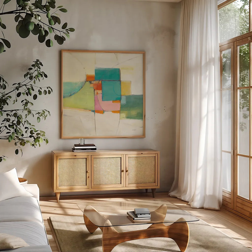 Aero by Mike Schick. Shown in a natural wood frame in a cozy modern living room. Available as an archival giclee rolled canvas, fine art paper, or poster print. SKU 22607a.