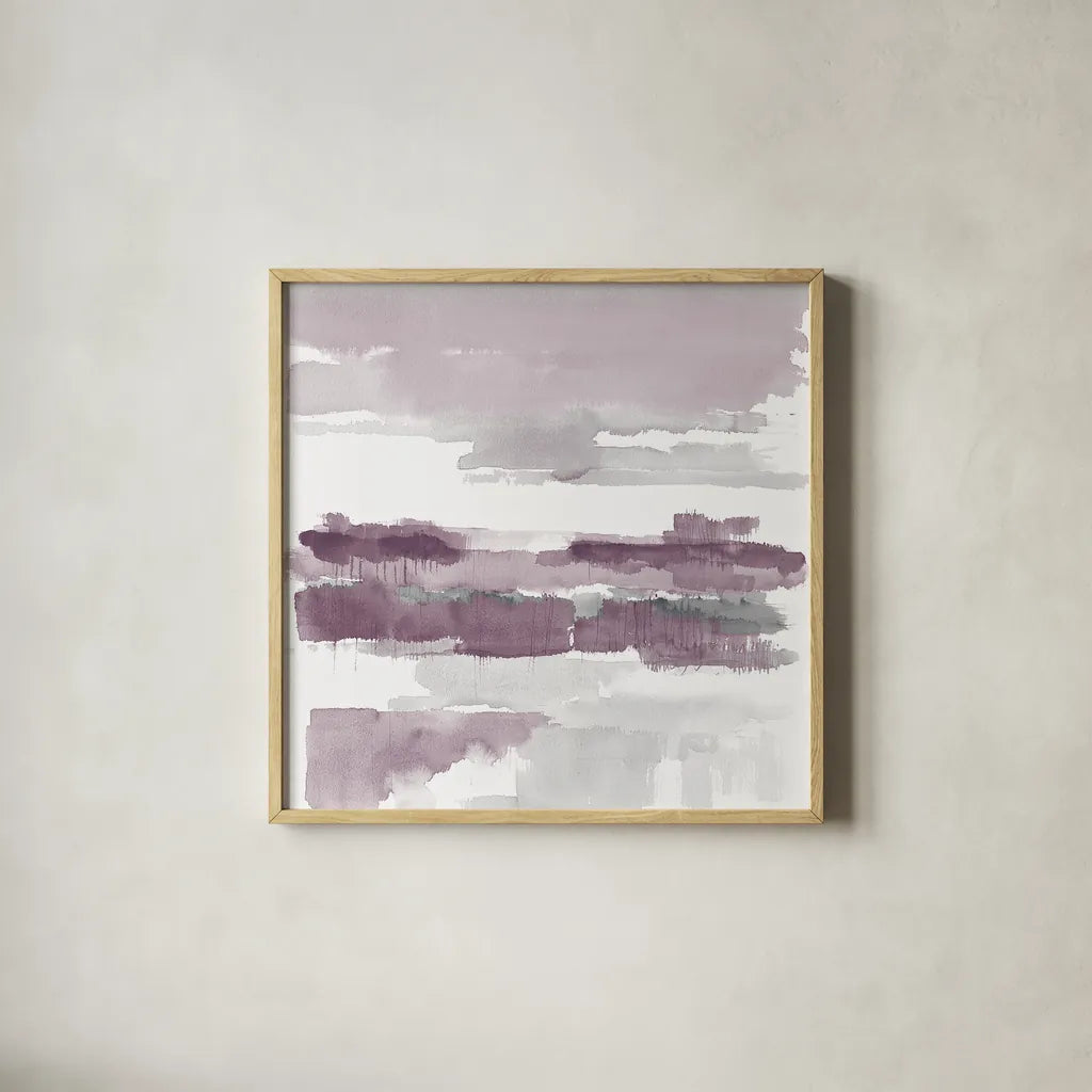 Amethyst Wetlands by Mike Schick. Shown in a natural wood glass frame for a timeless modern aesthetic. Available as an archival giclee rolled canvas, fine art paper, or poster print. SKU 22195a.