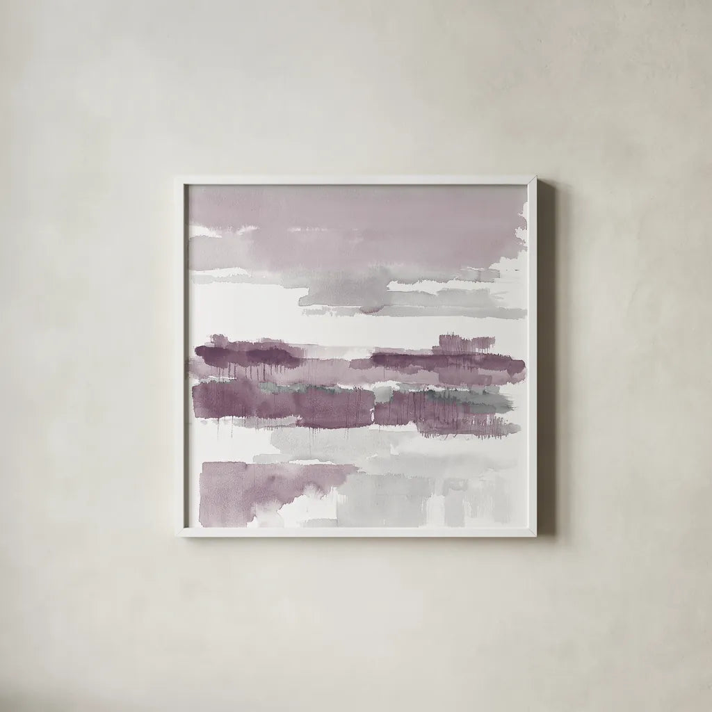 Amethyst Wetlands by Mike Schick. Shown in a crisp white glass frame for a clean and minimalist style. Available as an archival giclee rolled canvas, fine art paper, or poster print. SKU 22195a.
