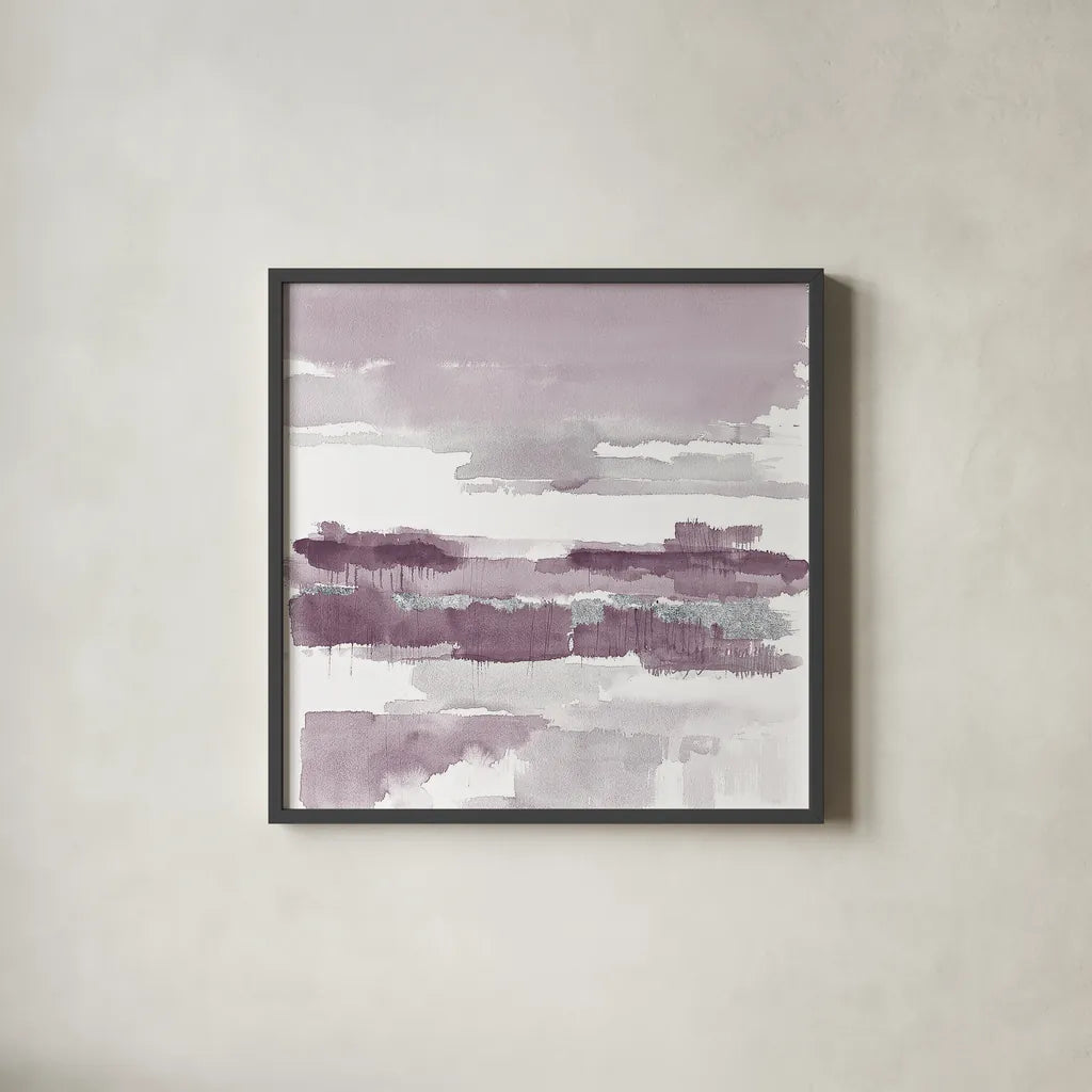 Amethyst Wetlands with Silver by Mike Schick. Shown in a sleek black glass frame for a contemporary gallery look. Available as an archival giclee rolled canvas, fine art paper, or poster print. SKU 24298a.