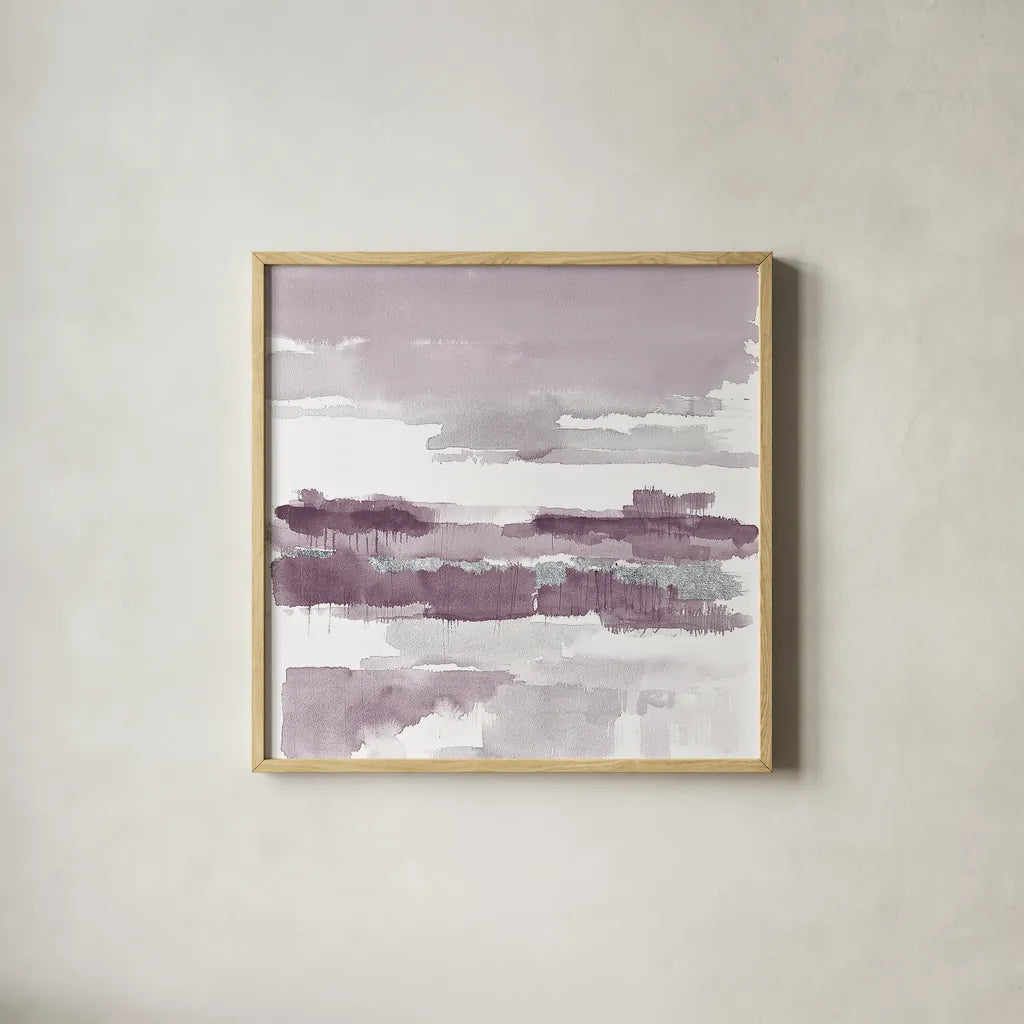 Amethyst Wetlands with Silver by Mike Schick. Shown in a natural wood glass frame for a timeless modern aesthetic. Available as an archival giclee rolled canvas, fine art paper, or poster print. SKU 24298a.