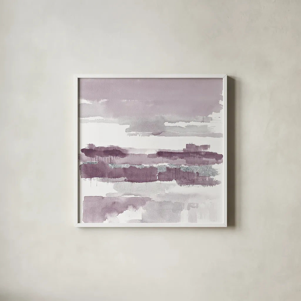 Amethyst Wetlands with Silver by Mike Schick. Shown in a crisp white glass frame for a clean and minimalist style. Available as an archival giclee rolled canvas, fine art paper, or poster print. SKU 24298a.
