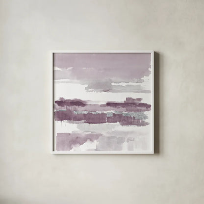 Amethyst Wetlands with Silver by Mike Schick. Shown in a crisp white glass frame for a clean and minimalist style. Available as an archival giclee rolled canvas, fine art paper, or poster print. SKU 24298a.