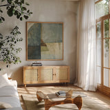 Arches by Mike Schick. Shown in a natural wood frame in a cozy modern living room. Available as an archival giclee rolled canvas, fine art paper, or poster print. SKU 12806a.