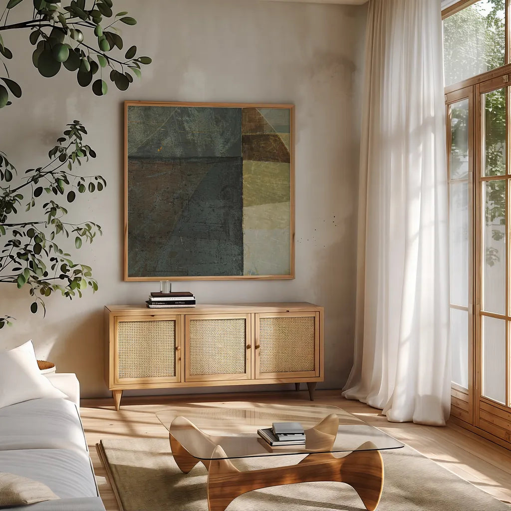 Arches Square I by Mike Schick. Shown in a natural wood frame in a cozy modern living room. Available as an archival giclee rolled canvas, fine art paper, or poster print. SKU 34225a.