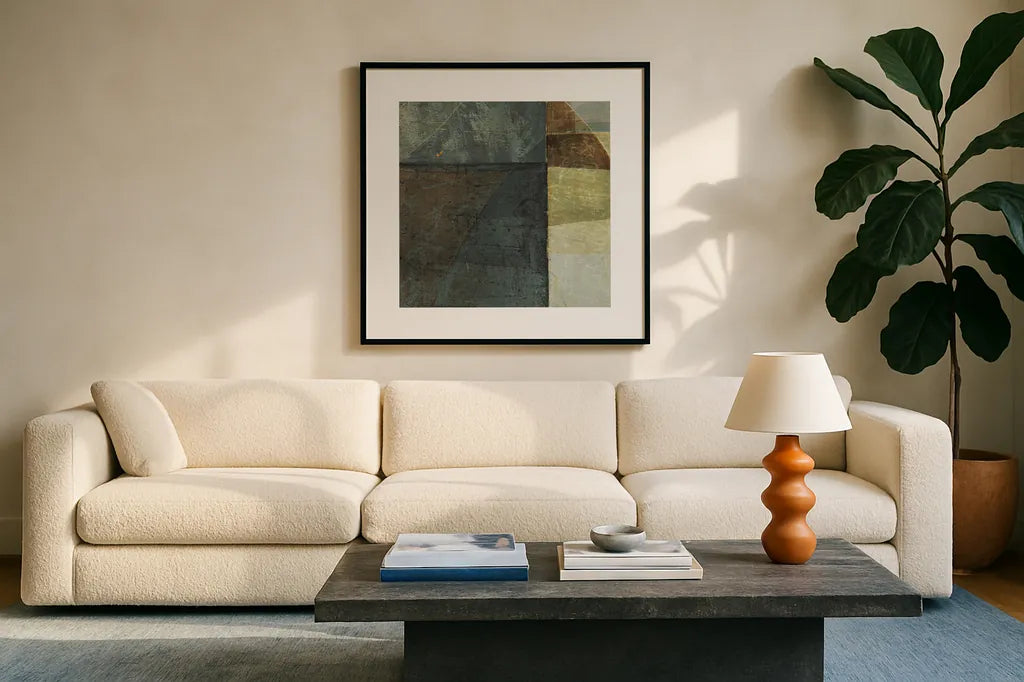 Arches Square I by Mike Schick. Displayed in a glass frame with matte in a clean modern living room. Available as an archival giclee rolled canvas, fine art paper, or poster print. SKU 34225a.