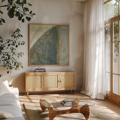 Arches Square II by Mike Schick. Shown in a natural wood frame in a cozy modern living room. Available as an archival giclee rolled canvas, fine art paper, or poster print. SKU 34224a.