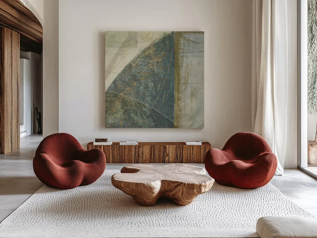 Arches Square II by Mike Schick. Shown as extra-large giant wall art in a modern living room. Available as an archival giclee rolled canvas, fine art paper, or poster print. SKU 34224a.