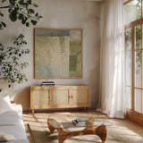 Arches Square IV by Mike Schick. Shown in a natural wood frame in a cozy modern living room. Available as an archival giclee rolled canvas, fine art paper, or poster print. SKU 34222a.