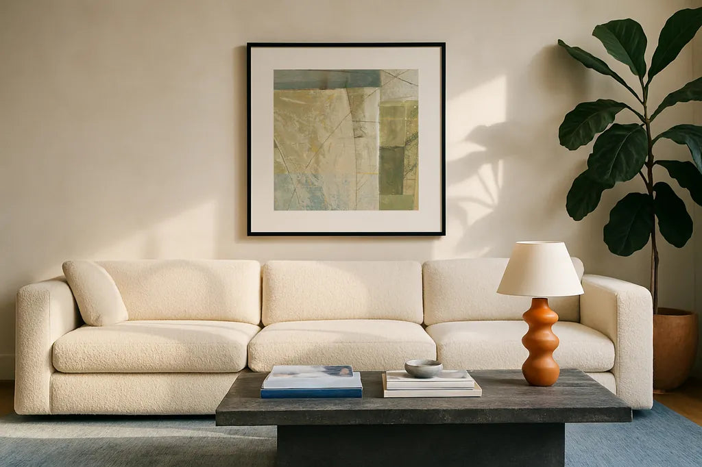 Arches Square IV by Mike Schick. Displayed in a glass frame with matte in a clean modern living room. Available as an archival giclee rolled canvas, fine art paper, or poster print. SKU 34222a.