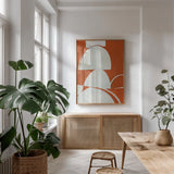 Artifact I Orange by Mike Schick. shown as a print in a natural wood frame in a dining room. Available as a archival giclee rolled canvas, fine art paper, or poster print. SKU 92659h.