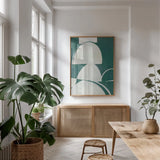 Artifact I Teal by Mike Schick. shown as a print in a natural wood frame in a dining room. Available as a archival giclee rolled canvas, fine art paper, or poster print. SKU 92619h.