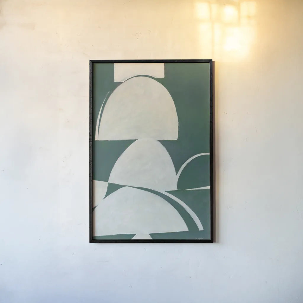 Artifact I Teal by Mike Schick. shown as a paper print in a black flame. Available as a archival giclee rolled canvas, fine art paper, or poster print. SKU 92619h.