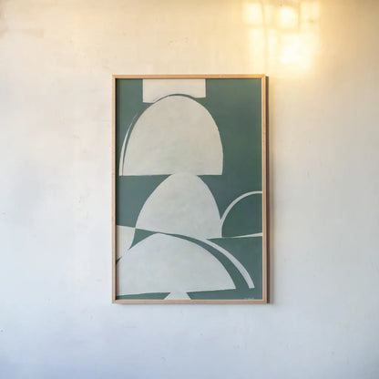 Artifact I Teal by Mike Schick. shown as a paper print in a natural frame. Available as a archival giclee rolled canvas, fine art paper, or poster print. SKU 92619h.