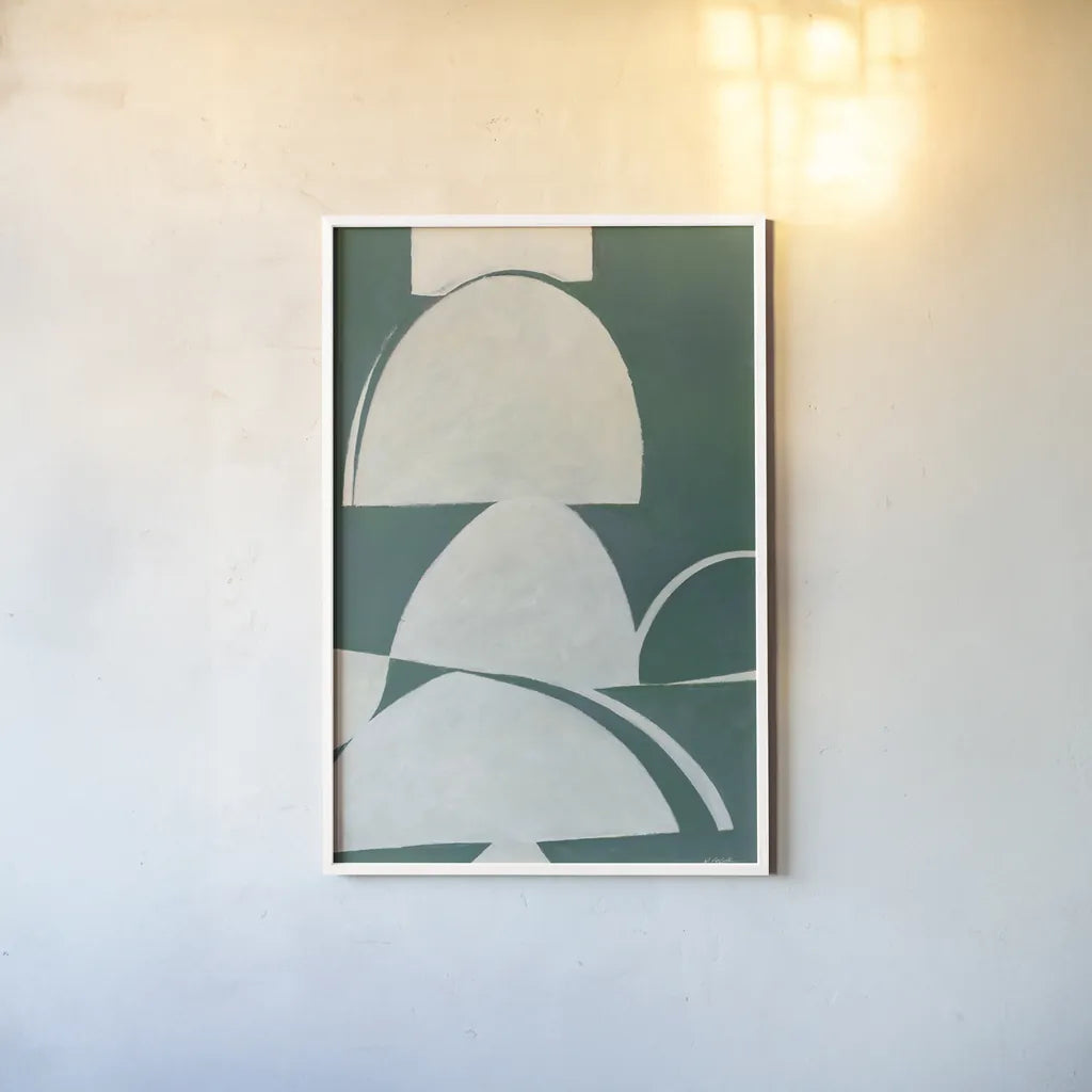 Artifact I Teal by Mike Schick. shown as a paper print in a white frame. Available as a archival giclee rolled canvas, fine art paper, or poster print. SKU 92619h.