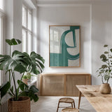 Artifact II Teal by Mike Schick. shown as a print in a natural wood frame in a dining room. Available as a archival giclee rolled canvas, fine art paper, or poster print. SKU 92620h.