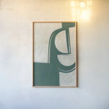 Artifact II Teal by Mike Schick. shown as a paper print in a natural frame. Available as a archival giclee rolled canvas, fine art paper, or poster print. SKU 92620h.