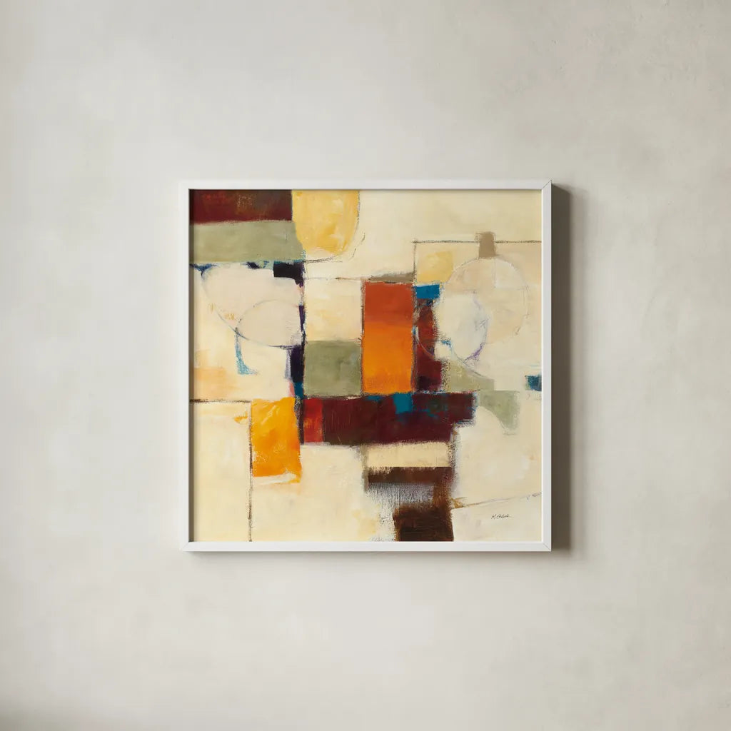 Autumn Patchwork I by Mike Schick. Shown in a crisp white glass frame for a clean and minimalist style. Available as an archival giclee rolled canvas, fine art paper, or poster print. SKU 10502a.