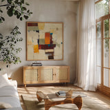 Autumn Patchwork I by Mike Schick. Shown in a natural wood frame in a cozy modern living room. Available as an archival giclee rolled canvas, fine art paper, or poster print. SKU 10502a.