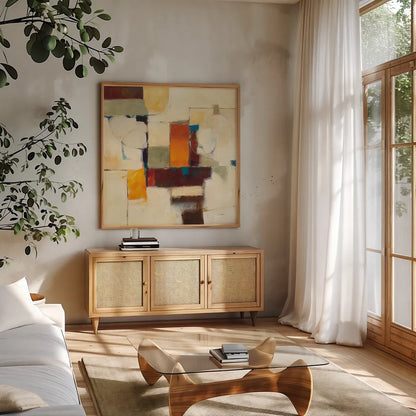 Autumn Patchwork I by Mike Schick. Shown in a natural wood frame in a cozy modern living room. Available as an archival giclee rolled canvas, fine art paper, or poster print. SKU 10502a.