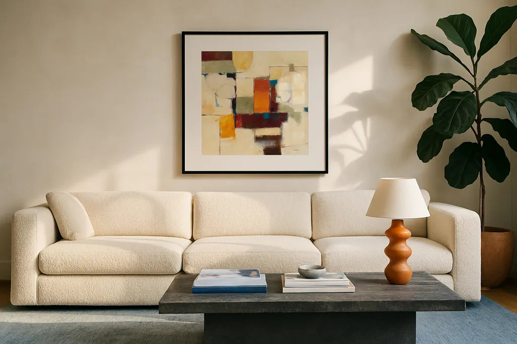 Autumn Patchwork I by Mike Schick. Displayed in a glass frame with matte in a clean modern living room. Available as an archival giclee rolled canvas, fine art paper, or poster print. SKU 10502a.