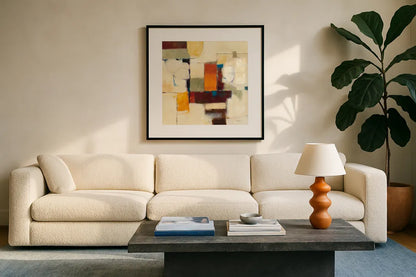 Autumn Patchwork I by Mike Schick. Displayed in a glass frame with matte in a clean modern living room. Available as an archival giclee rolled canvas, fine art paper, or poster print. SKU 10502a.
