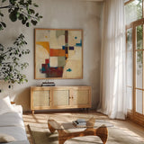 Autumn Patchwork II by Mike Schick. Shown in a natural wood frame in a cozy modern living room. Available as an archival giclee rolled canvas, fine art paper, or poster print. SKU 10503a.