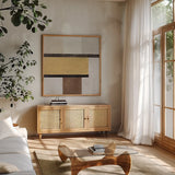 Balance Beam I Crosby by Mike Schick. Shown in a natural wood frame in a cozy modern living room. Available as an archival giclee rolled canvas, fine art paper, or poster print. SKU 91696a.