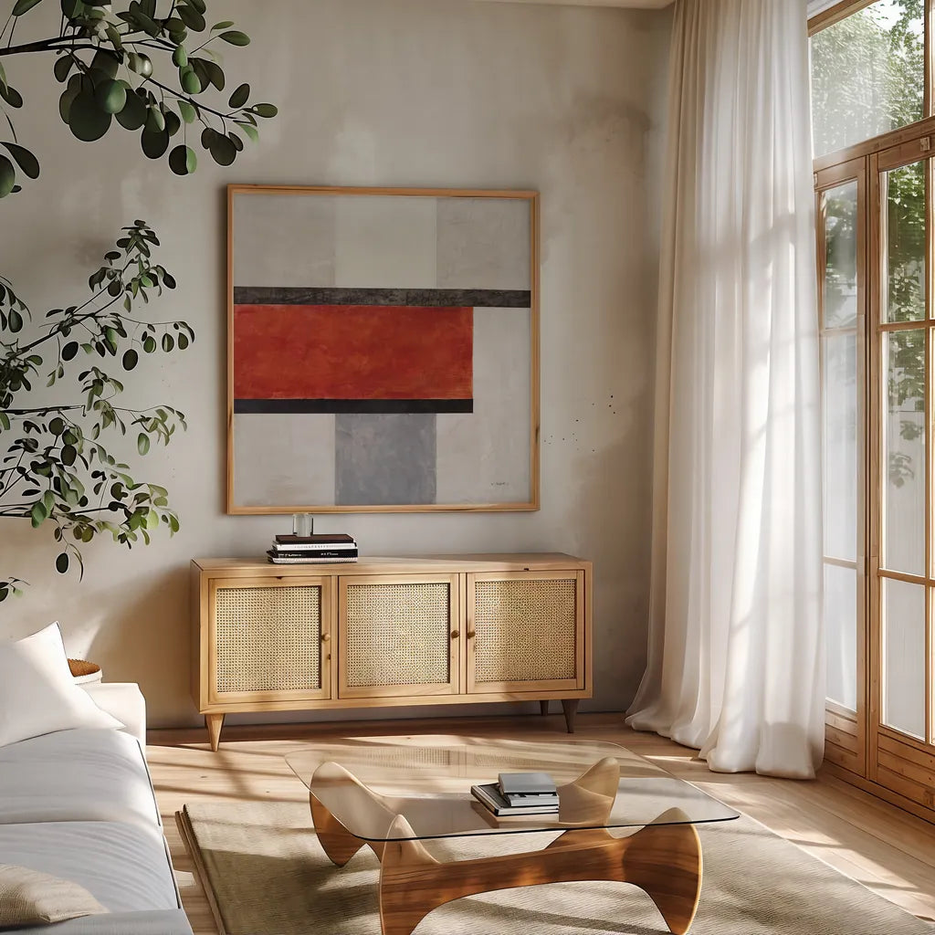 Balance Beam I No Lines by Mike Schick. Shown in a natural wood frame in a cozy modern living room. Available as an archival giclee rolled canvas, fine art paper, or poster print. SKU 91634a.