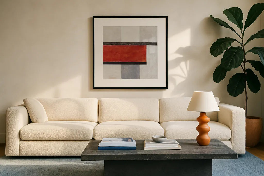 Balance Beam I No Lines by Mike Schick. Displayed in a glass frame with matte in a clean modern living room. Available as an archival giclee rolled canvas, fine art paper, or poster print. SKU 91634a.