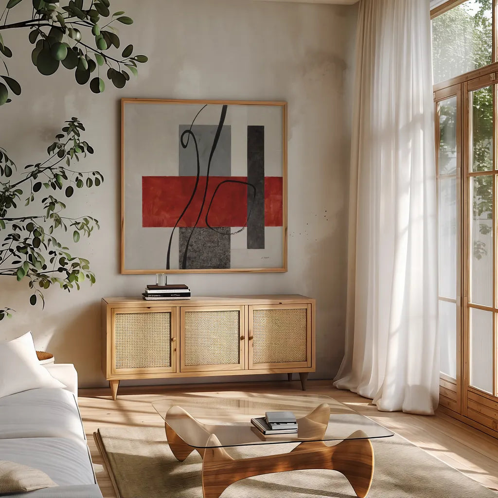 Balance Beam II by Mike Schick. Shown in a natural wood frame in a cozy modern living room. Available as an archival giclee rolled canvas, fine art paper, or poster print. SKU 91331a.