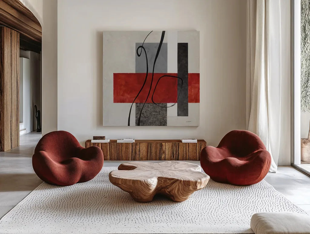 Balance Beam II by Mike Schick. Shown as extra-large giant wall art in a modern living room. Available as an archival giclee rolled canvas, fine art paper, or poster print. SKU 91331a.