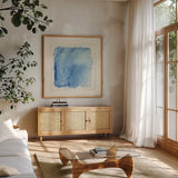 Basic Square by Mike Schick. Shown in a natural wood frame in a cozy modern living room. Available as an archival giclee rolled canvas, fine art paper, or poster print. SKU 36026a.