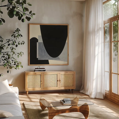 Blackbird by Mike Schick. Shown in a natural wood frame in a cozy modern living room. Available as an archival giclee rolled canvas, fine art paper, or poster print. SKU 51986a.