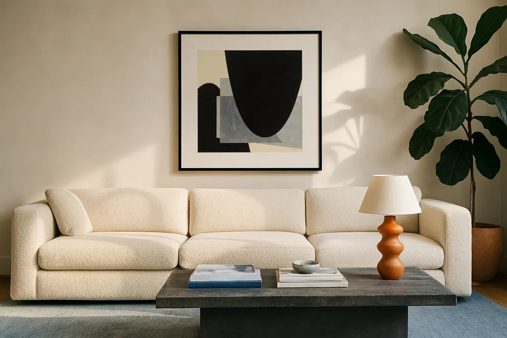 Blackbird by Mike Schick. Displayed in a glass frame with matte in a clean modern living room. Available as an archival giclee rolled canvas, fine art paper, or poster print. SKU 51986a.