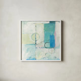 Blue Water I by Mike Schick. Shown in a crisp white glass frame for a clean and minimalist style. Available as an archival giclee rolled canvas, fine art paper, or poster print. SKU 17469a.