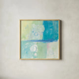 Blue Water II by Mike Schick. Shown in a natural wood glass frame for a timeless modern aesthetic. Available as an archival giclee rolled canvas, fine art paper, or poster print. SKU 17470a.