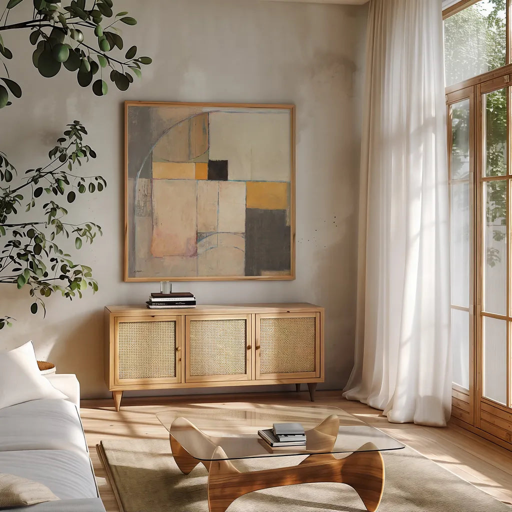 Blues Before Sunrise by Mike Schick. Shown in a natural wood frame in a cozy modern living room. Available as an archival giclee rolled canvas, fine art paper, or poster print. SKU 34197a.