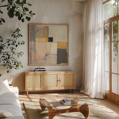 Blues Before Sunrise by Mike Schick. Shown in a natural wood frame in a cozy modern living room. Available as an archival giclee rolled canvas, fine art paper, or poster print. SKU 34197a.