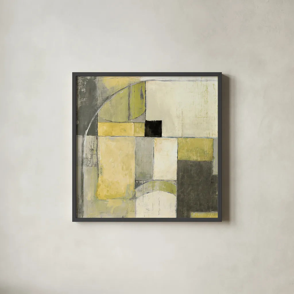 Blues Before Sunrise Yellow and Grey by Mike Schick. Shown in a sleek black glass frame for a contemporary gallery look. Available as an archival giclee rolled canvas, fine art paper, or poster print. SKU 11477a.