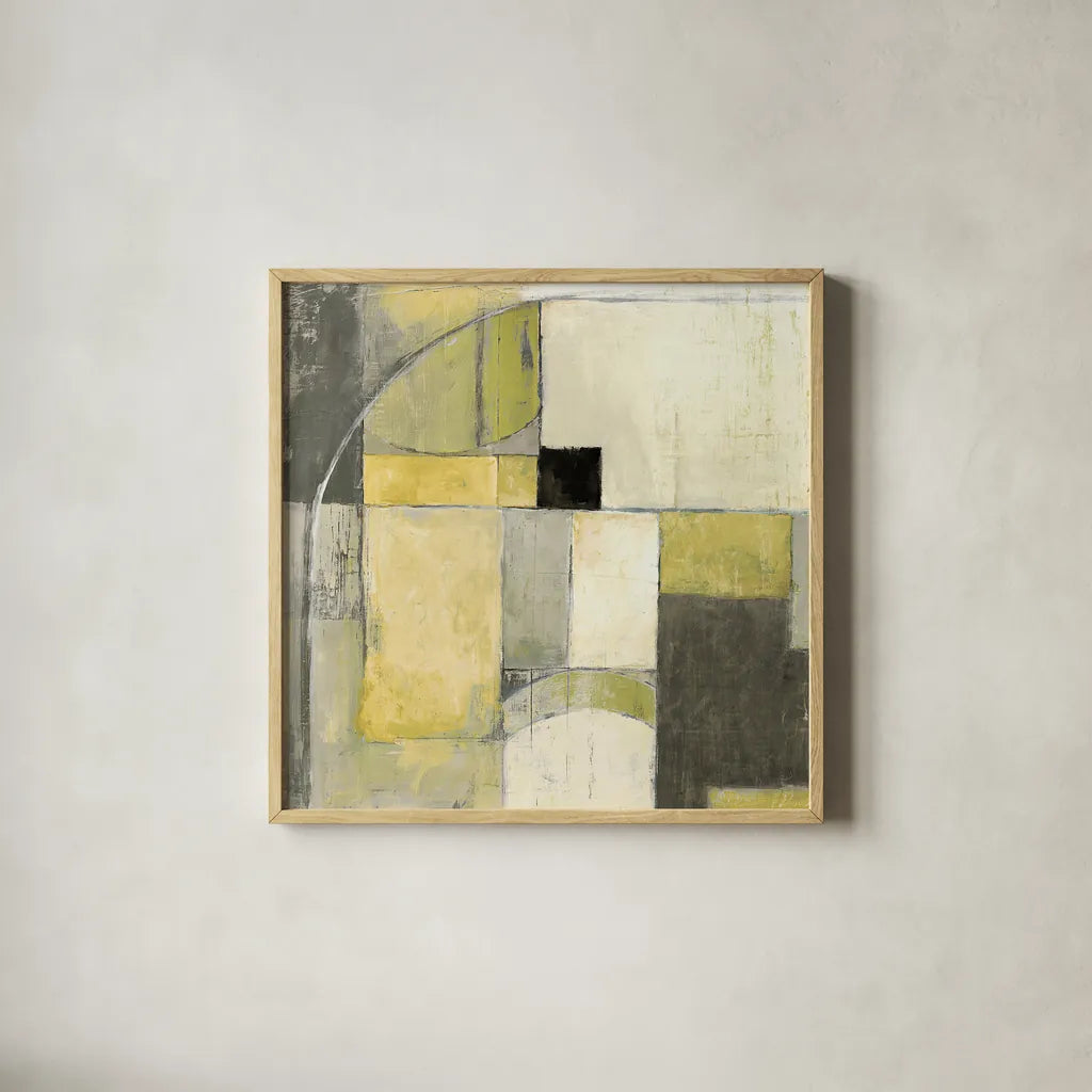 Blues Before Sunrise Yellow and Grey by Mike Schick. Shown in a natural wood glass frame for a timeless modern aesthetic. Available as an archival giclee rolled canvas, fine art paper, or poster print. SKU 11477a.