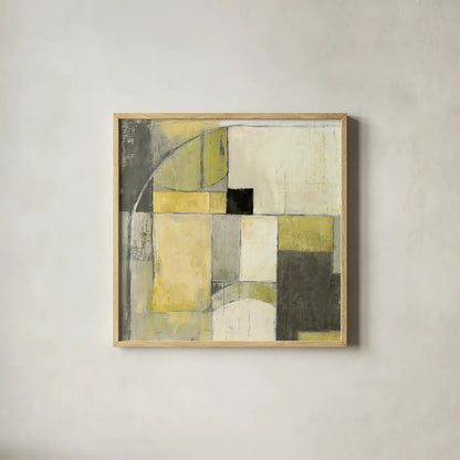 Blues Before Sunrise Yellow and Grey by Mike Schick. Shown in a natural wood glass frame for a timeless modern aesthetic. Available as an archival giclee rolled canvas, fine art paper, or poster print. SKU 11477a.