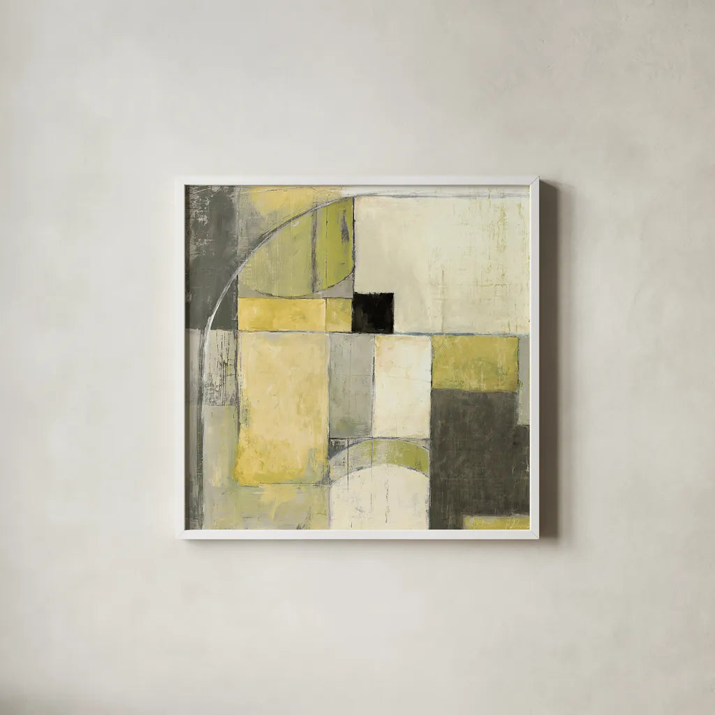 Blues Before Sunrise Yellow and Grey by Mike Schick. Shown in a crisp white glass frame for a clean and minimalist style. Available as an archival giclee rolled canvas, fine art paper, or poster print. SKU 11477a.